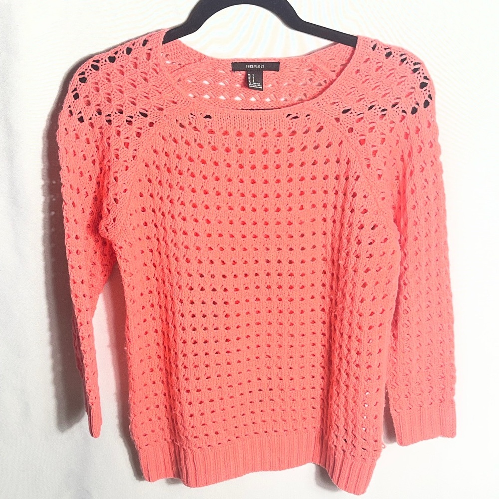 Forever 21 Coral Crochet Knit Sweater Open Weave Long Sleeve Size Small